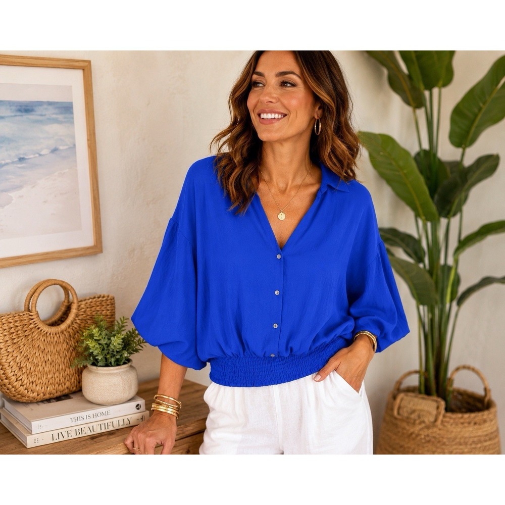 Oddi Cobalt Blue Smocked Hem Blouse M Balloon Sleeve Lightweight Boho Top - Picture 2 of 9